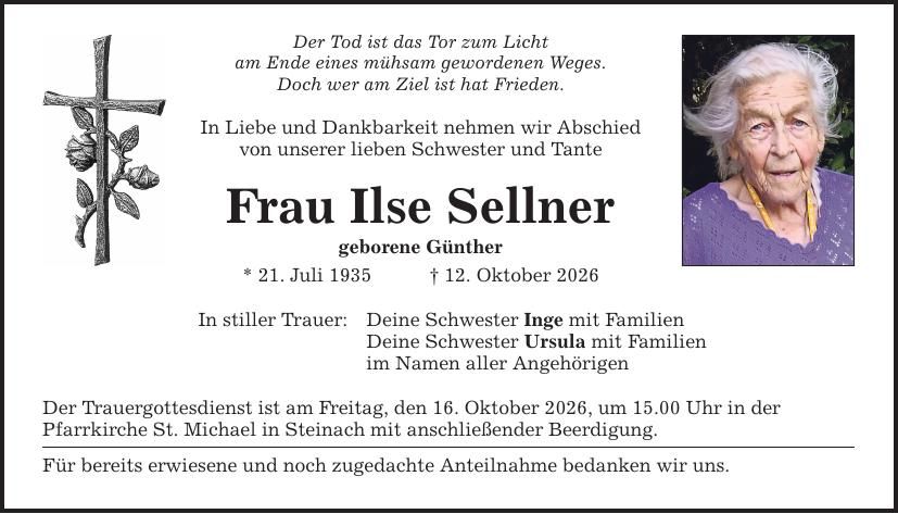 Traueranzeige Ilse Sellner