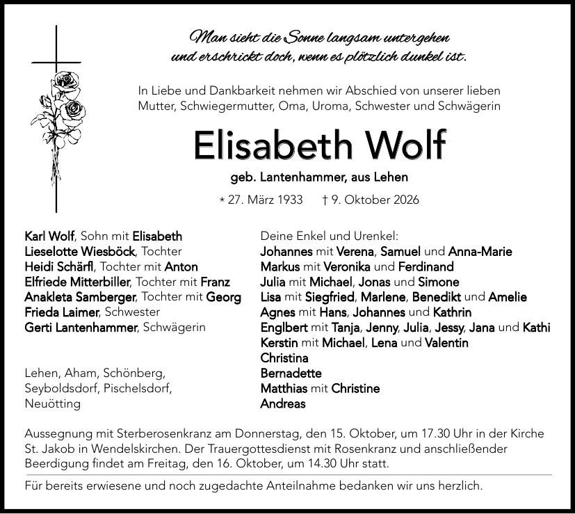 Traueranzeige Elisabeth Wolf