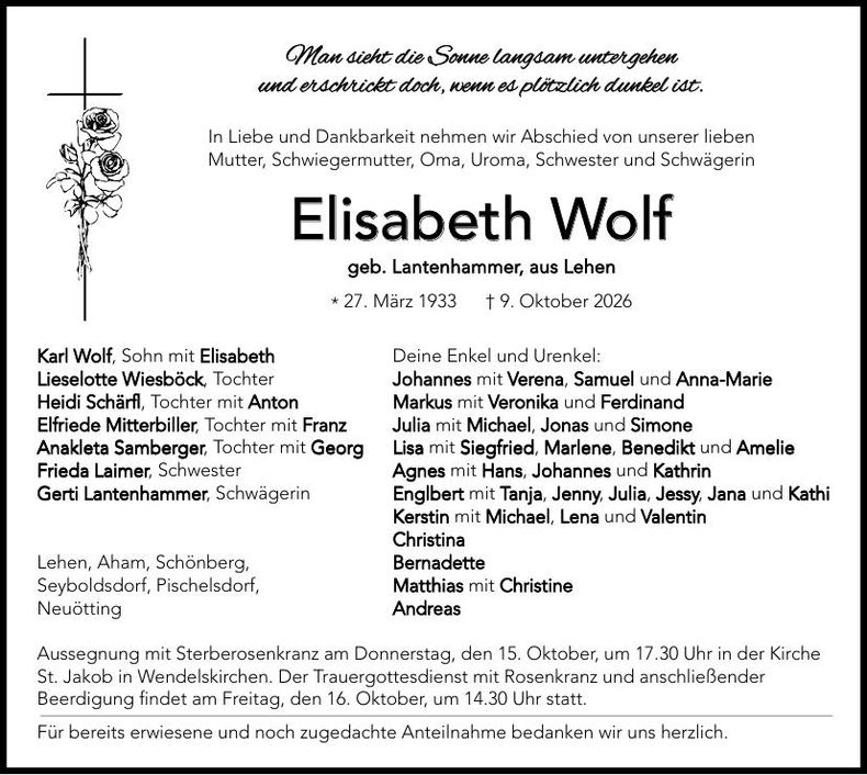 Traueranzeige Elisabeth Wolf 