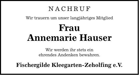 Traueranzeige Annemarie Hauser