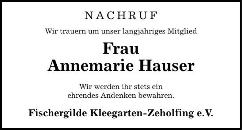 Traueranzeige Annemarie Hauser