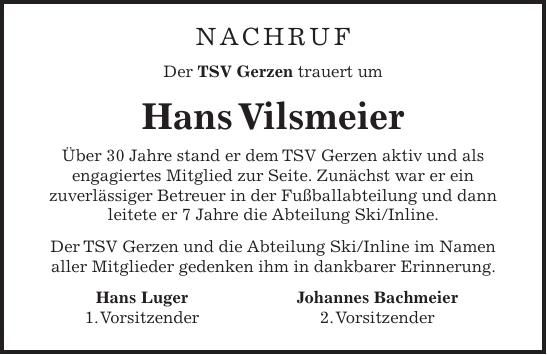 Traueranzeige Hans Vilsmeier