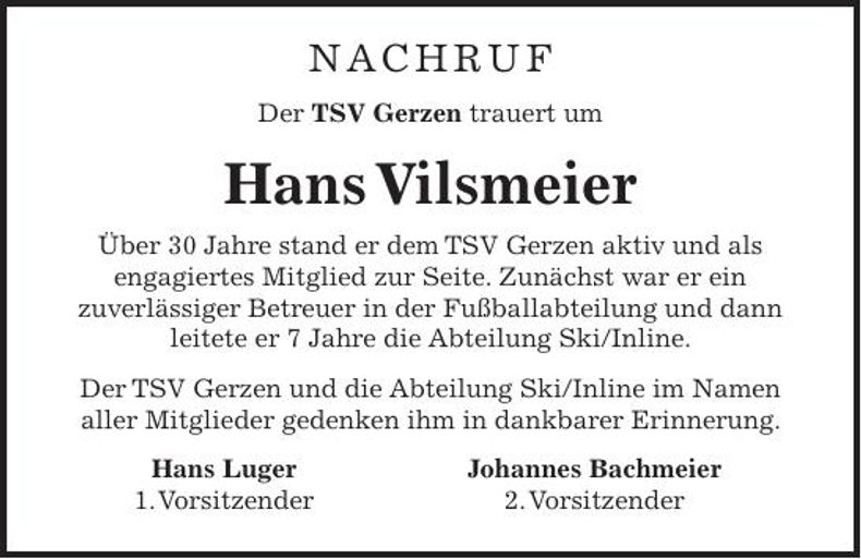Traueranzeige Hans Vilsmeier