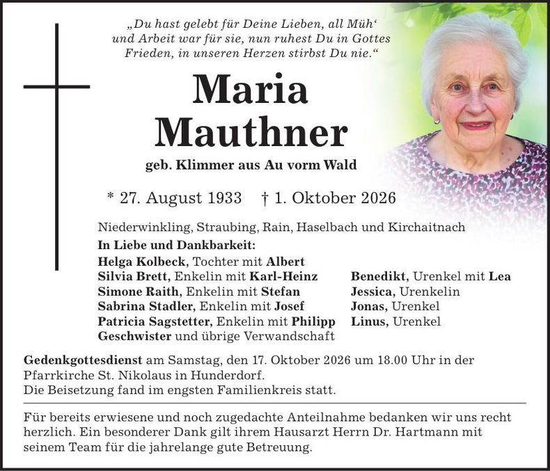 Traueranzeige Maria Mautner