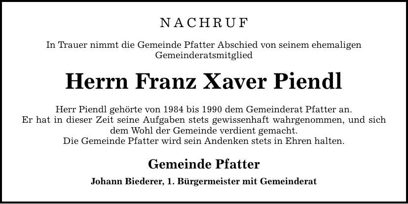 Traueranzeige Franz Xaver Piendl