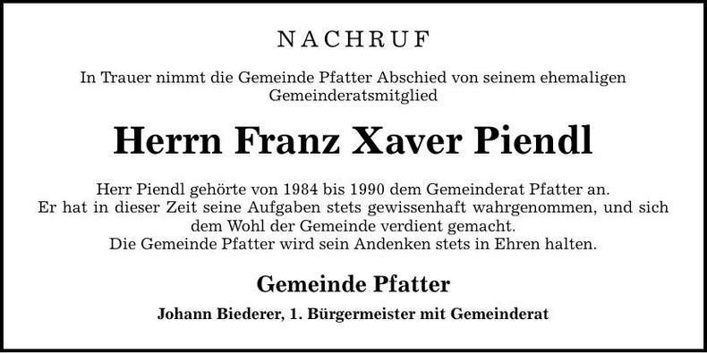 Traueranzeige Franz Xaver Piendl