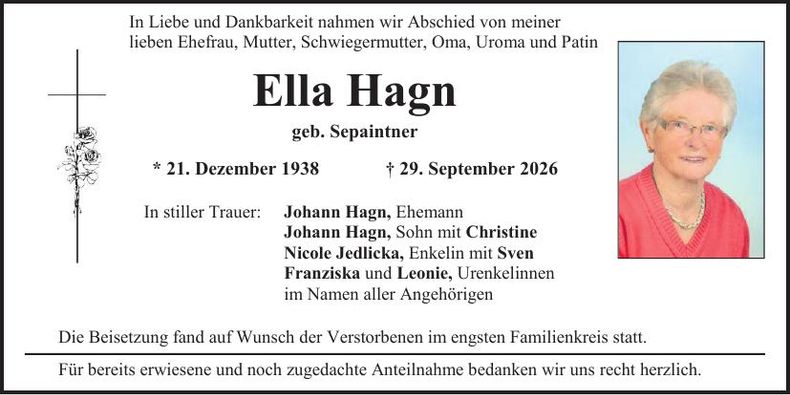 Traueranzeige Ella Hagn