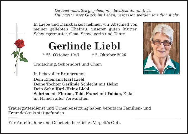 Traueranzeige Gerlinde Liebl