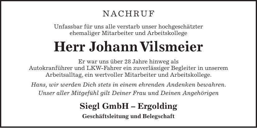 Traueranzeige Johann Vilsmeier