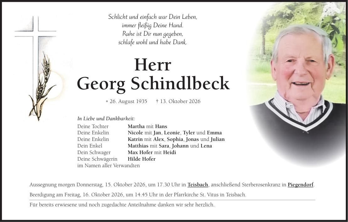 Traueranzeige Georg Schindlbeck