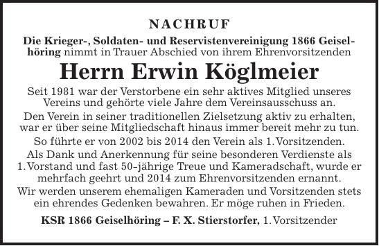 Traueranzeige Erwin Köglmeier