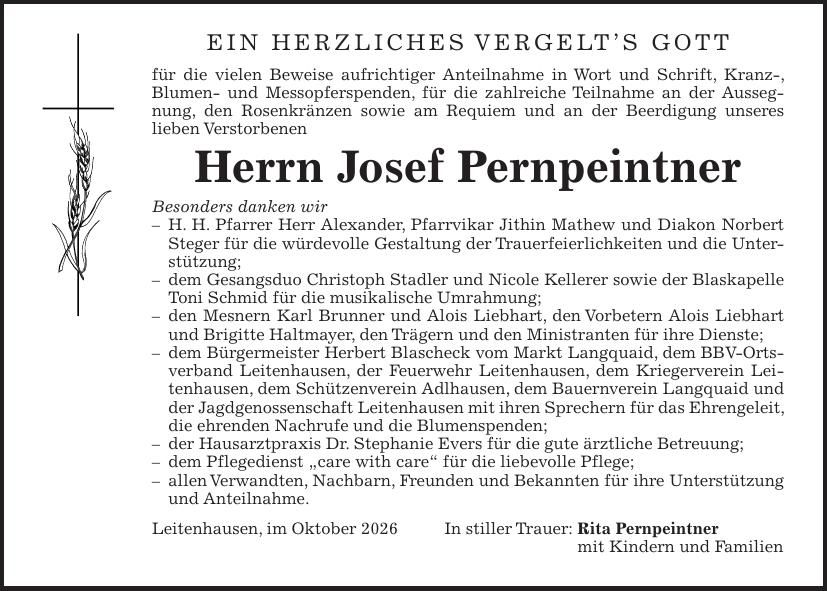 Traueranzeige Josef Pernpeintner
