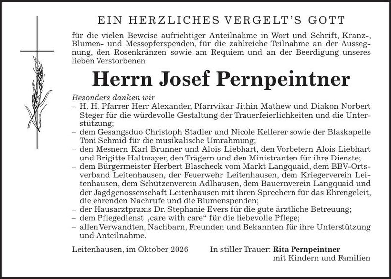 Traueranzeige Josef Pernpeintner
