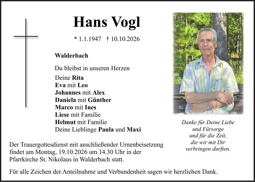 Traueranzeige Hans Vogl