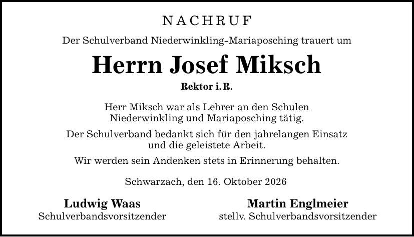 Traueranzeige Josef Miksch