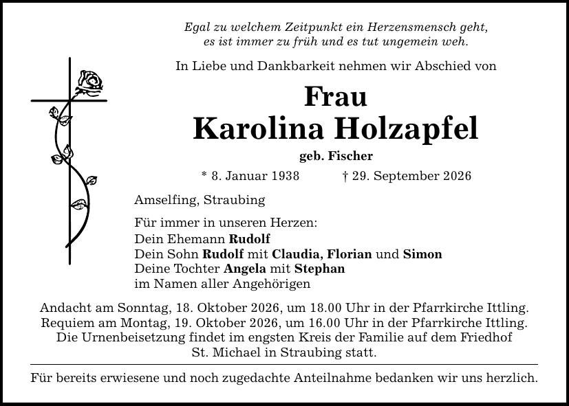 Traueranzeige Karolina Holzapfel
