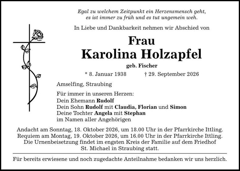 Traueranzeige Karolina Holzapfel
