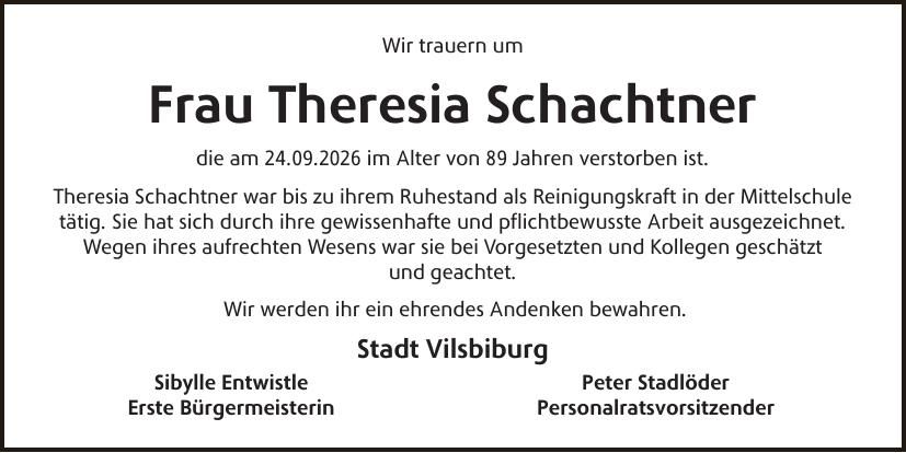 Traueranzeige Theresia Schachtner