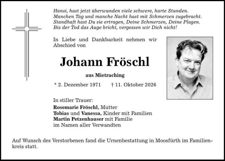 Traueranzeige Johann Fröschl