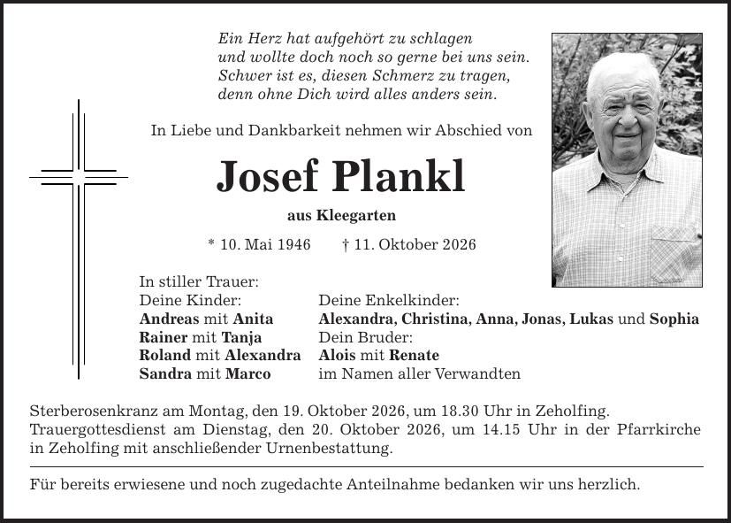 Traueranzeige Josef Plankl
