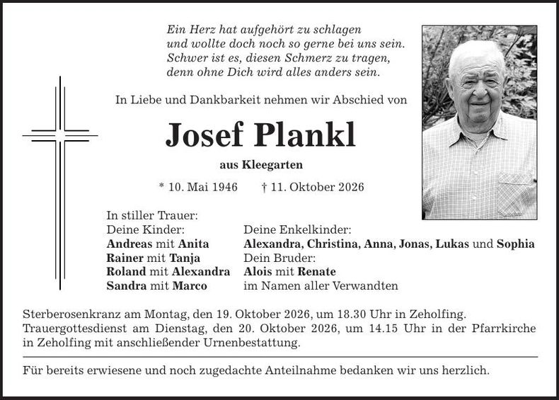 Traueranzeige Josef Plankl