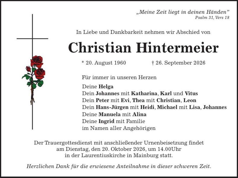 Traueranzeige Christian Hintermeier