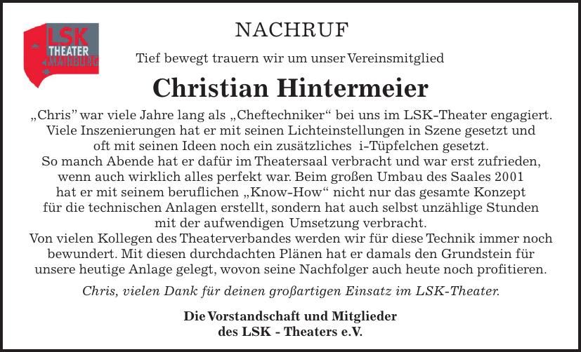 Traueranzeige Christian Hintermeier