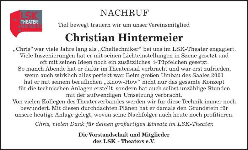 Traueranzeige Christian Hintermeier