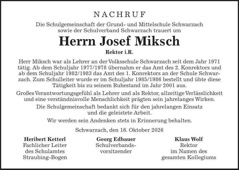 Traueranzeige Joseg Miksch