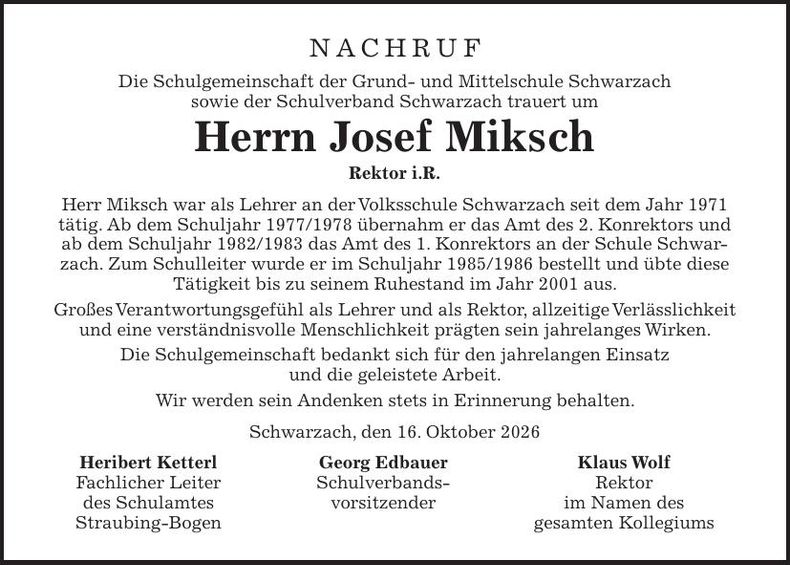 Traueranzeige Joseg Miksch