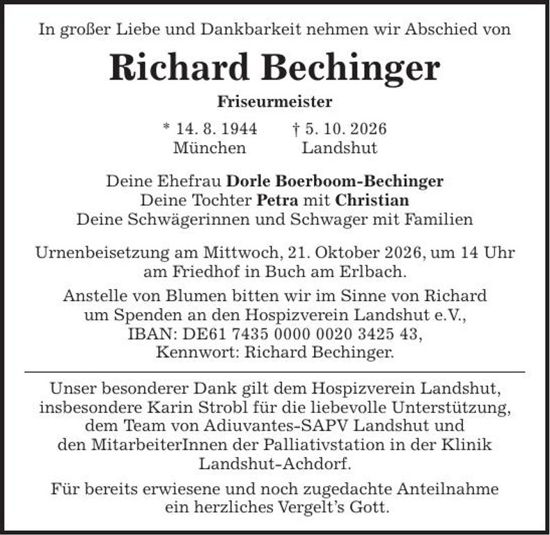 Traueranzeige Richard Bechinger