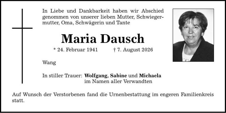 Traueranzeige Maria Dausch