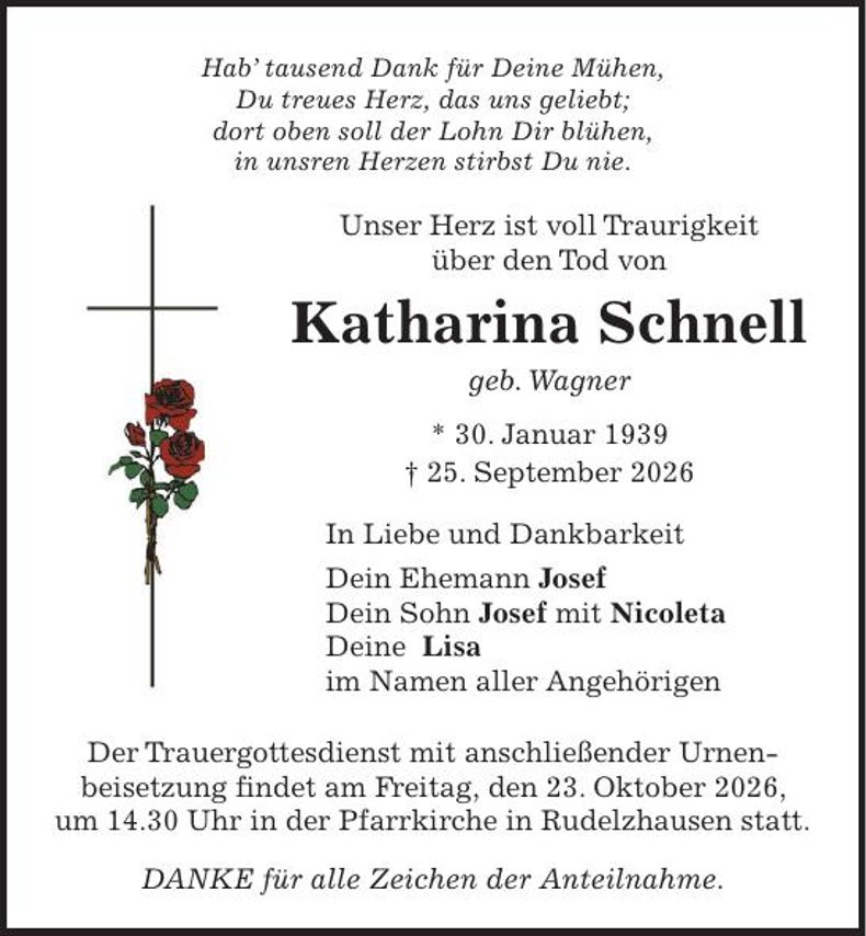 Traueranzeige Katharina Schnell