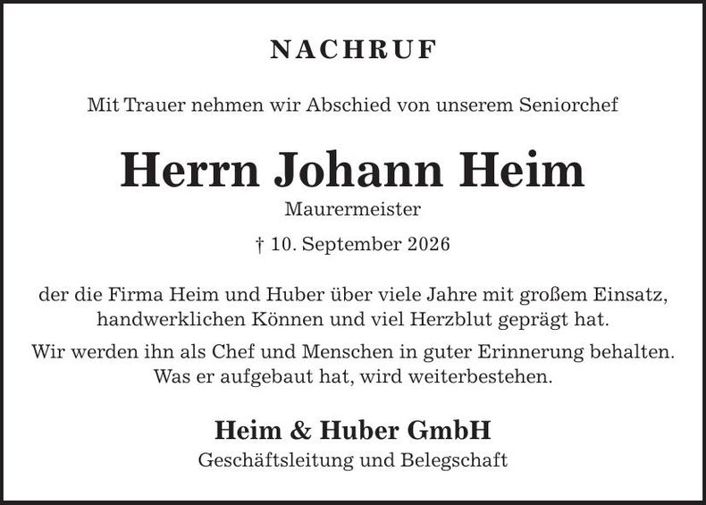 Traueranzeige Johann Heim