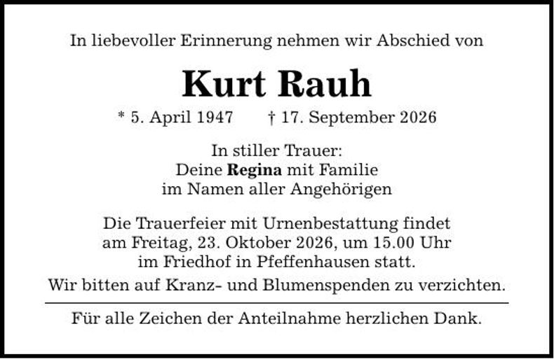 Traueranzeige Kurt Rauh