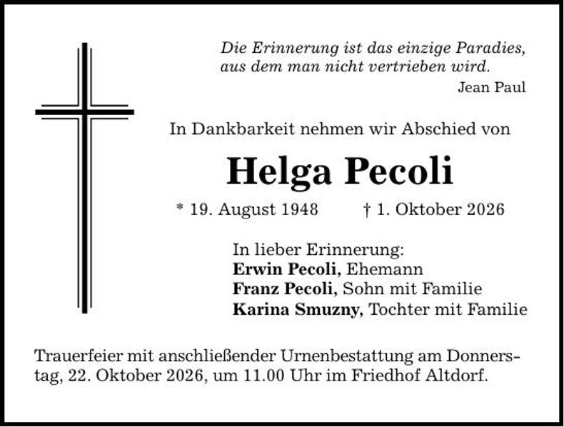 Traueranzeige Helga Pecoli