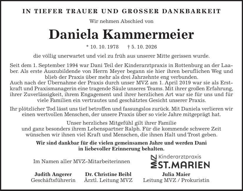 Traueranzeige Daniela Kammermeier