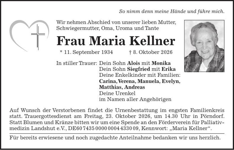 Traueranzeige Maria Kellner