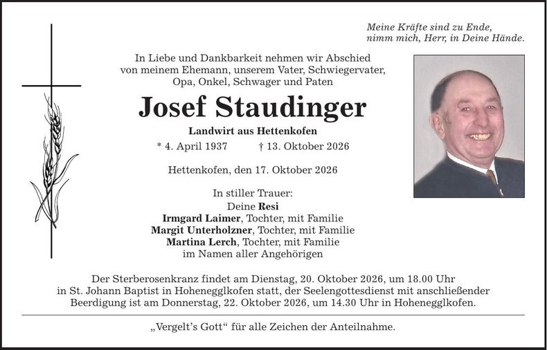 Traueranzeige Josef  Staudinger