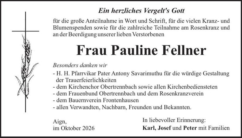 Traueranzeige Pauline Fellner