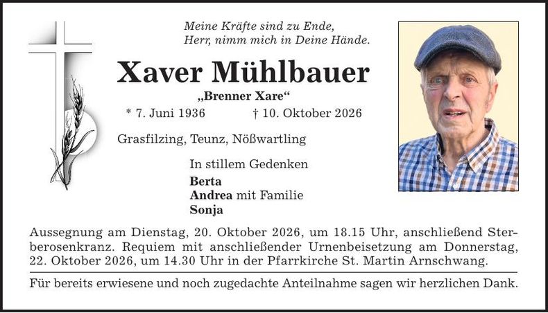 Traueranzeige Xaver Mühlbauer