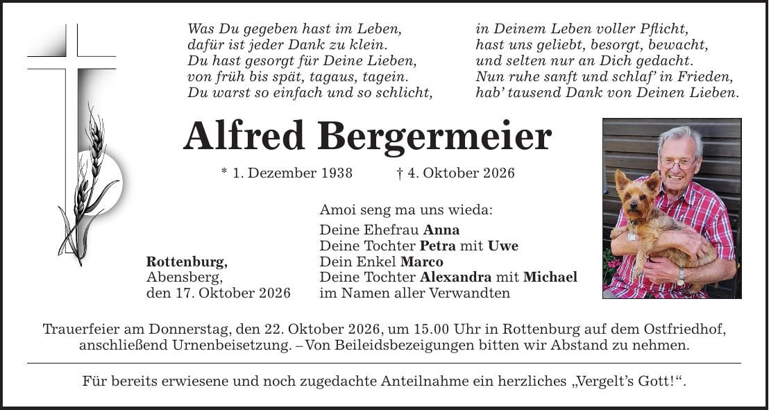 Traueranzeige Alfred Bergermeier