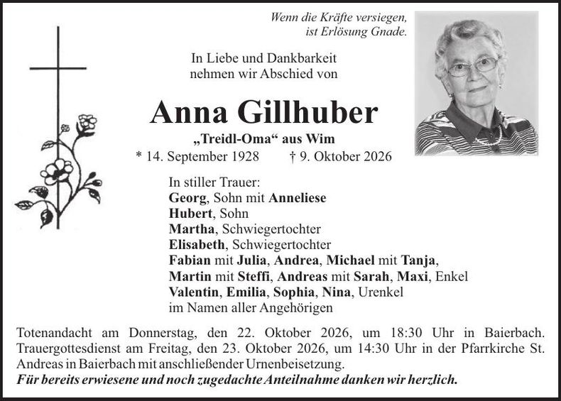 Traueranzeige Anna Gillhuber