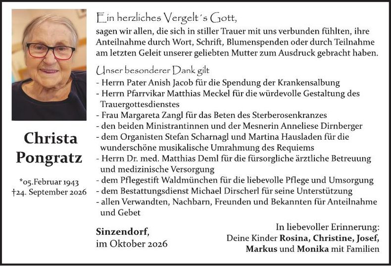 Traueranzeige Christa Pongratz