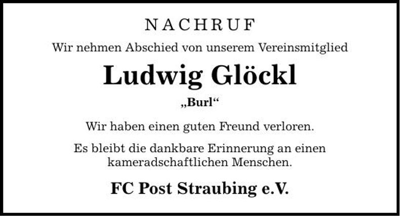 Traueranzeige Ludwig Glöckl