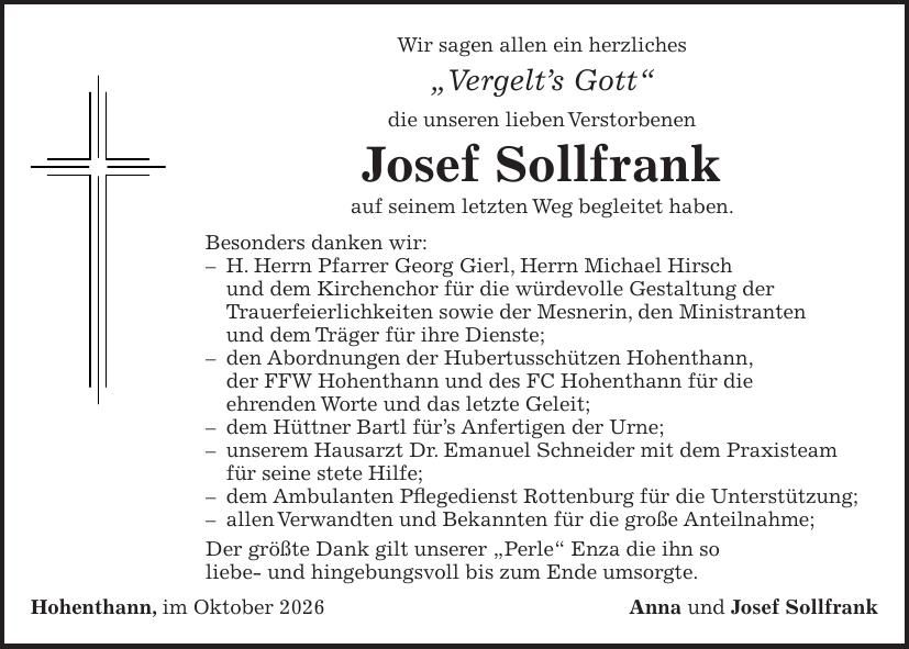 Traueranzeige Josef Sollfrank