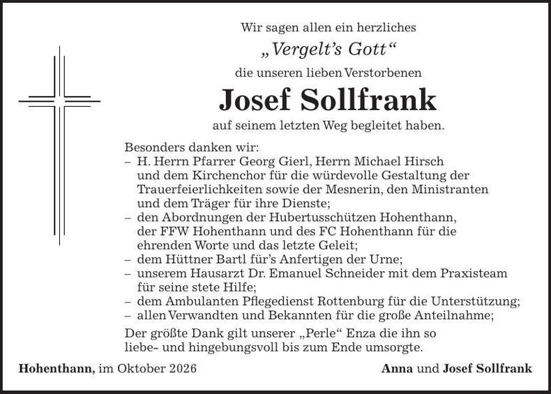 Traueranzeige Josef Sollfrank