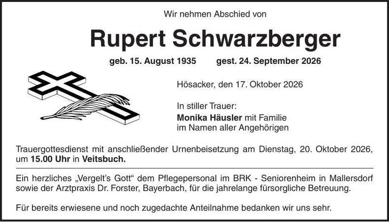 Traueranzeige Rupert  Schwarzberger
