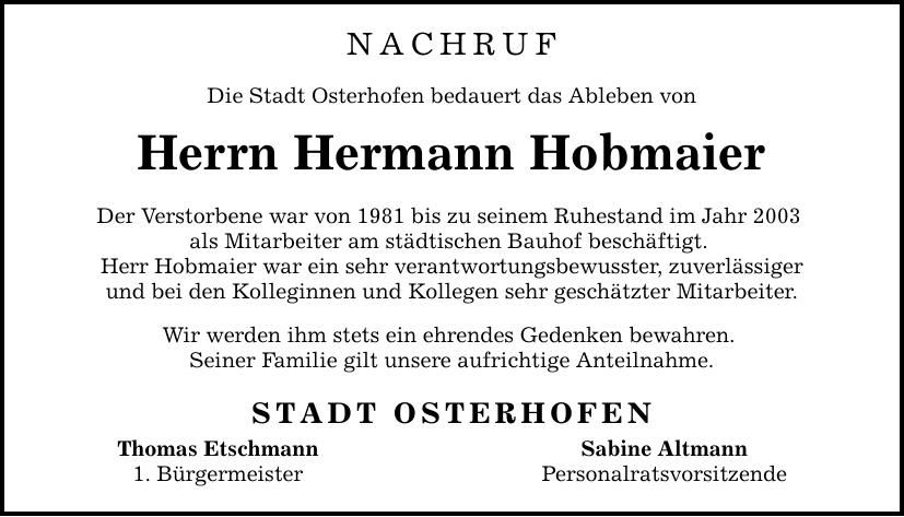 Traueranzeige Hermann Hobmaier