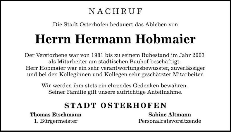 Traueranzeige Hermann Hobmaier